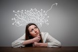 girl thinking imaginary arrows around her head