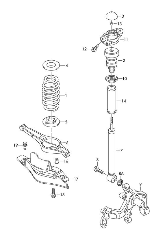 The Audi A3 rear shock does not have a spring over it, so replacement is much easier