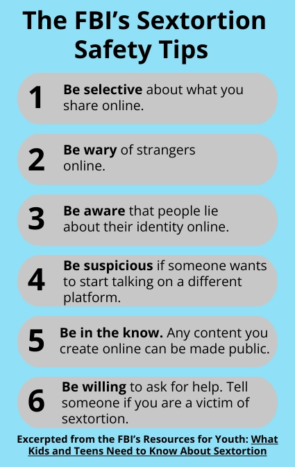Infographic listing six FBI safety tips to prevent sextortion 