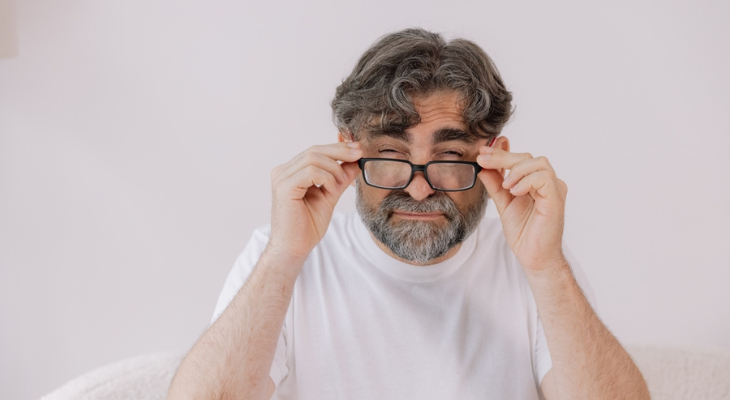 Old man squints at the camera.