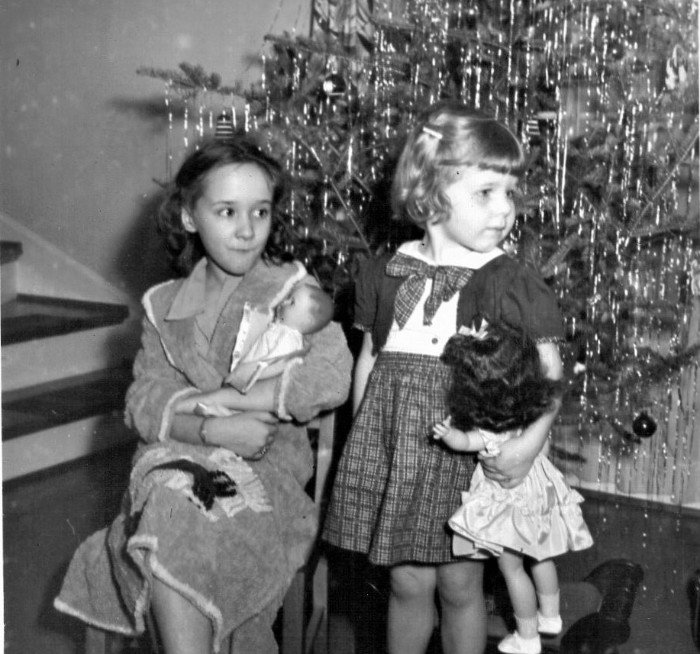 Black and white photo of girls on Christmas