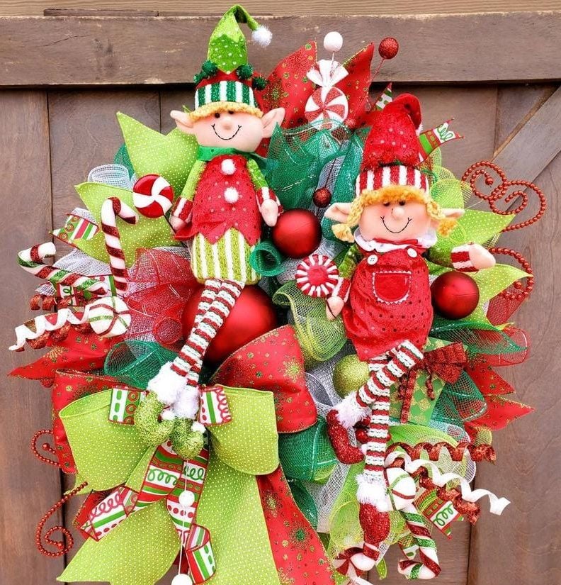 colorful wreath with elves and candy