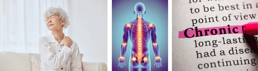 How Does Social Security Assess Chronic Pain in Disability Claims? A banner showing an elderly woman rubbing her neck, a scan of a human body with pain points, and the word
