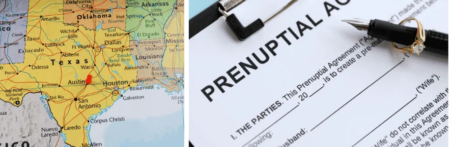 Premarital Agreements in Texas Map of Texas next to a photograph of an engagement ring sitting on top of a prenuptial agreement