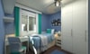 a dorm room with blue walls and green and white curtains