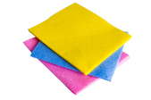 a stack of pink, blue, and yellow cloths