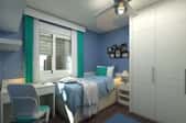 a dorm room with blue walls and green and white curtains