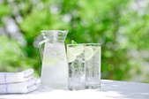 Two glasses of ice water containing sprigs of mint and slices of lemon.