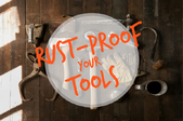 A layout of rusty tools with an overlay stating 