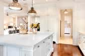 bright kitchen with hanging lights