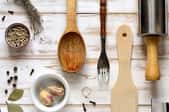 kitchen utensils on a wooden table