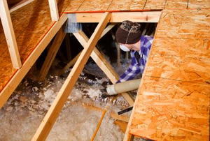 A worker blowing white cellulose insulation into an attic