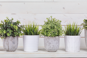 a row of planters with plants inside