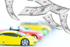 a line of yellow, red, and green cars with dollar bills flying down on top of them