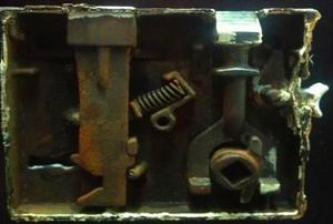 The inner workings of an antique lock.