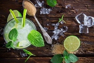 A mojito and its fixings.