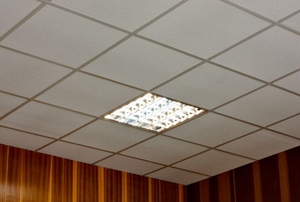 A square, fluorescent lighting fixture in a tiled ceiling.