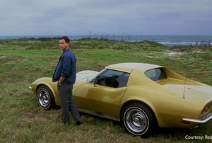 man standing next to gold car near the beach