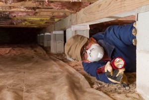 A man examines a crawlspace.
