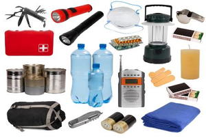 A grouping of emergency kit supplies.