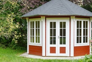 Red and white gazebo encased with windows
