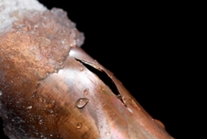 A copper pipe that's burst open from the cold weather.
