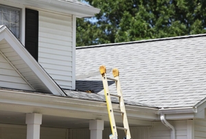 a ladder leaned against a rooftop