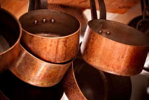 Copper pots and pans.