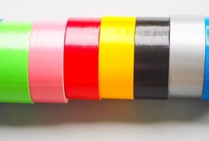 a line of colorful rolls of duct tape