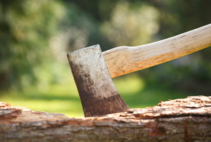 A well-worn axe with the head embedded into a log.