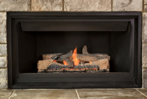 gas fireplace with natural stone surround