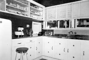 An old home with melamine cabinets.
