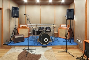 garage with instruments for band