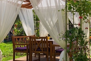 pergola with billowing curtains