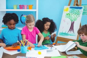 Kids do arts and crafts.