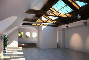 A hallway of a modern home, lighted by a long skylight.