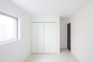A closet with bi fold doors.