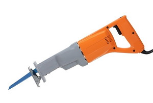 An orange and gray reciprocating saw against a white background.