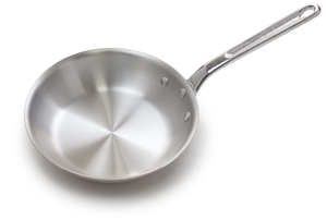 An isolated aluminum skillet on a white background.