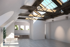 White room with several large skylights