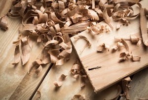 Wood shavings on a piece of lumber. 