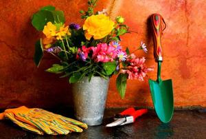 Spring gardening essentials, including cut flowers, gardening gloves, pruners and a trowel.