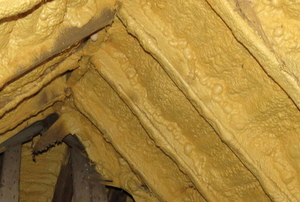 attic with spray foam insulation in framed cells