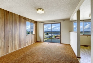 A home with wood paneling.