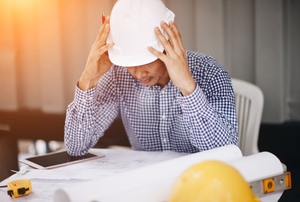 Construction worker looking stressed over table of paperwork