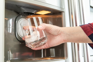 hand filling a glass with ice from a freezer ice maker