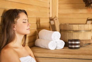 A woman in a sauna.