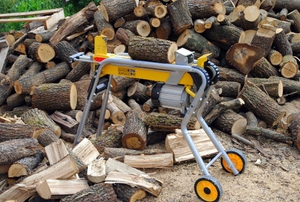 log splitter with pile of wood behind