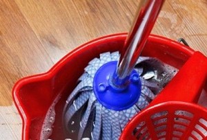 a mop in a bucket on a vinyl floor