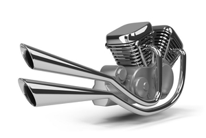 A motorcycle engine on a white background.